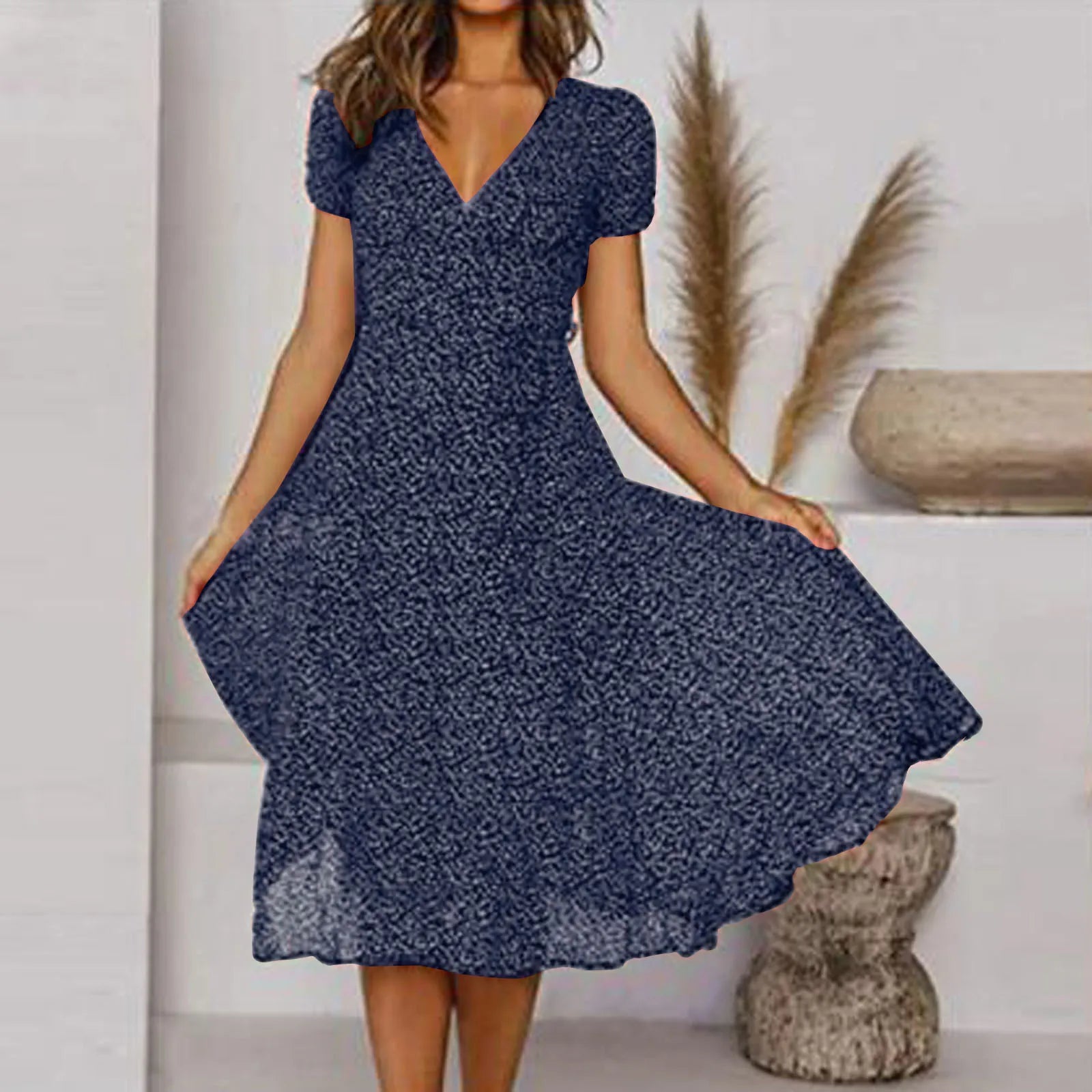 Summer Women's Sexy Short V Neck Floral Polka Dot Casual Boho Sun Midi Dresses