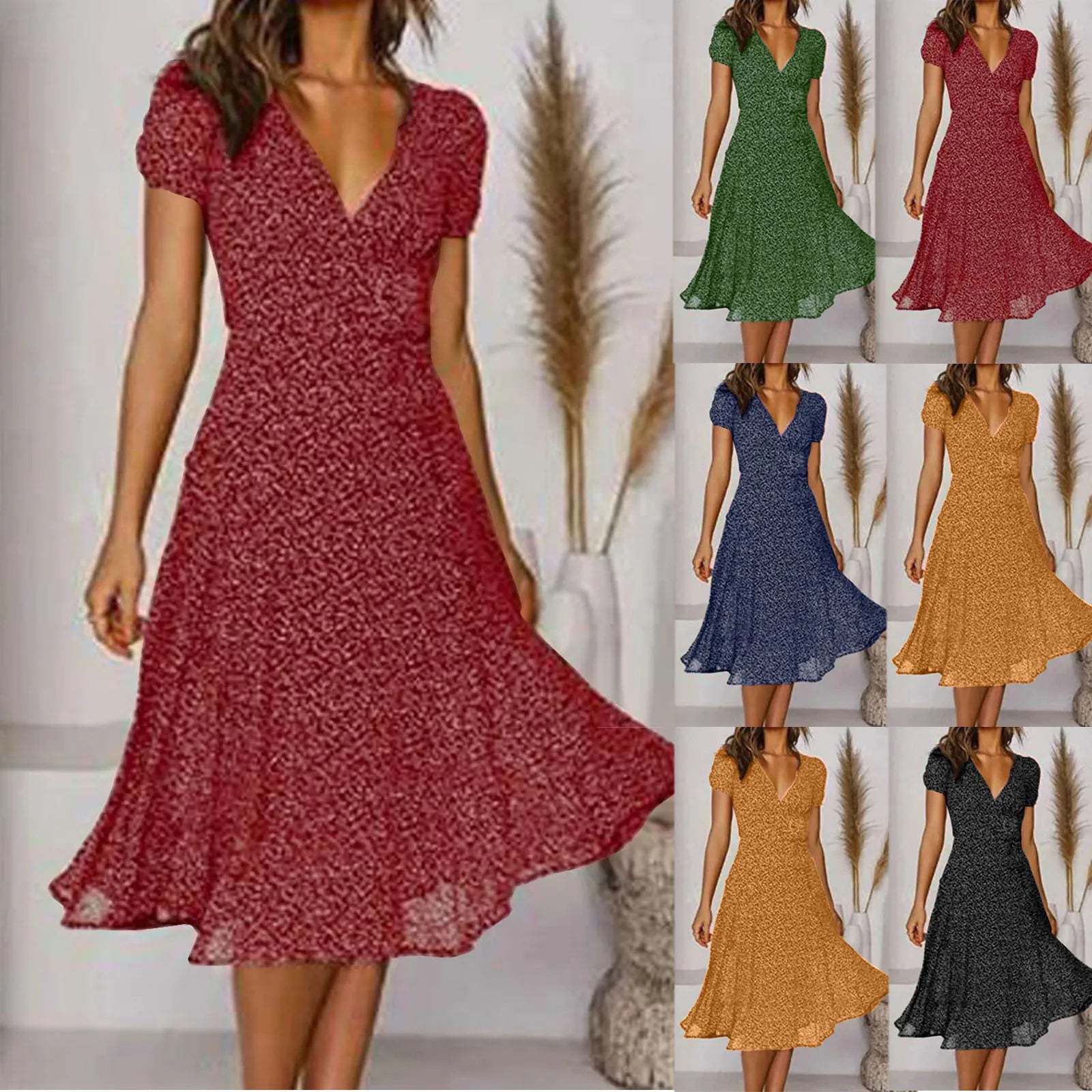 Summer Women's Sexy Short V Neck Floral Polka Dot Casual Boho Sun Midi Dresses