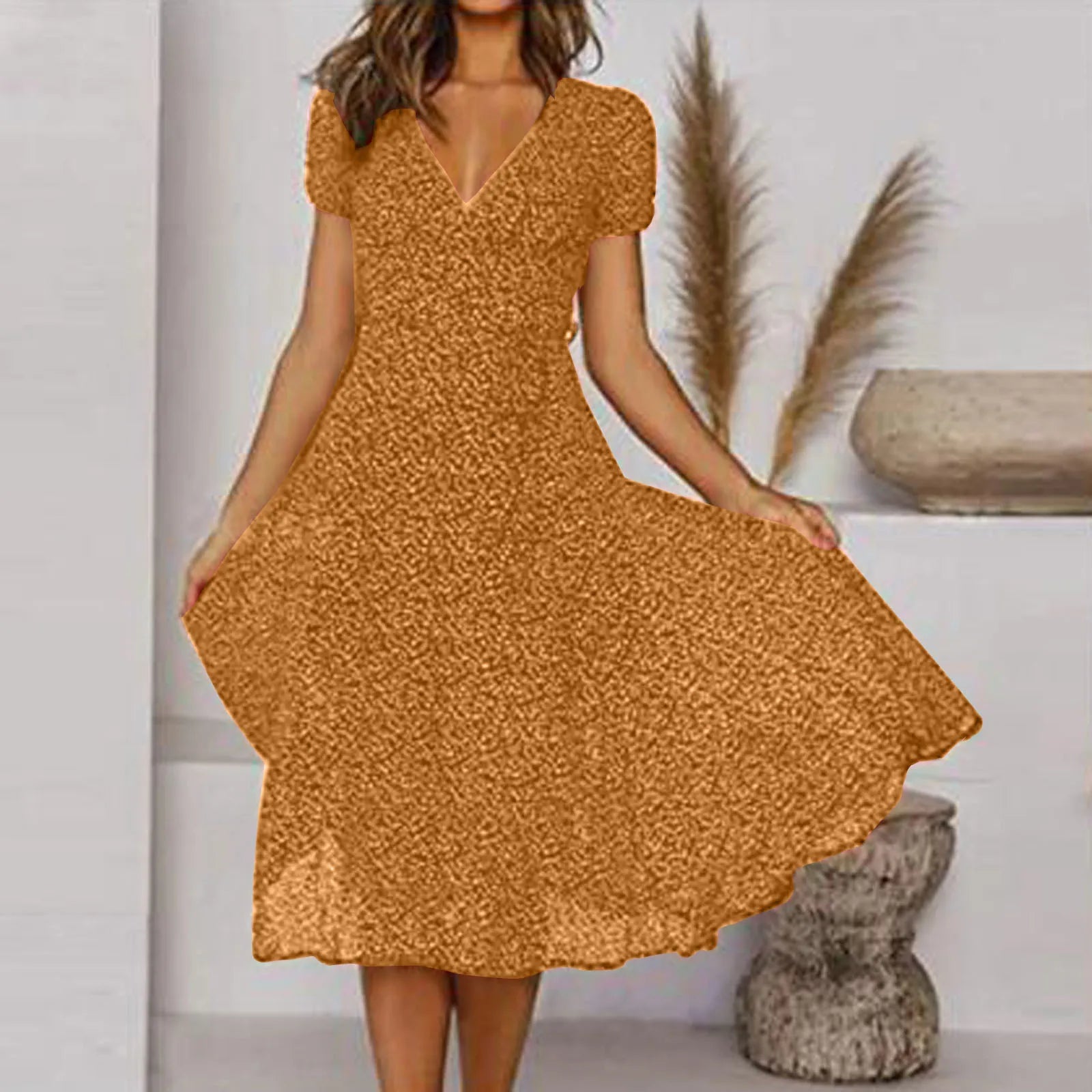 Summer Women's Sexy Short V Neck Floral Polka Dot Casual Boho Sun Midi Dresses
