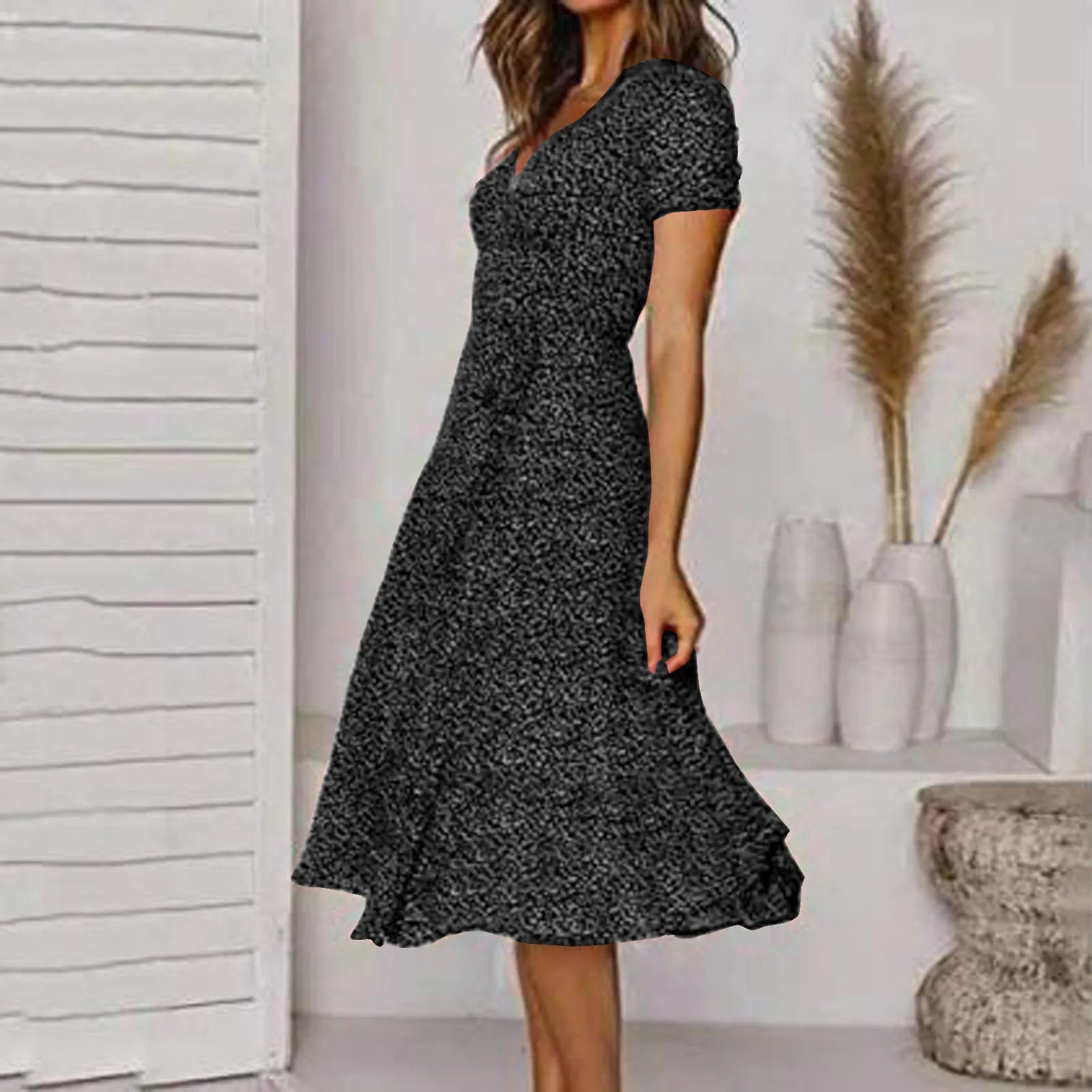 Summer Women's Sexy Short V Neck Floral Polka Dot Casual Boho Sun Midi Dresses