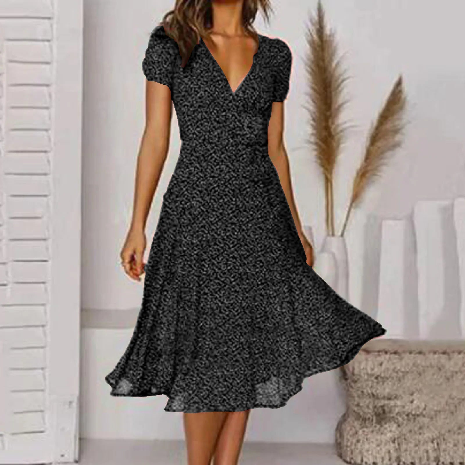 Summer Women's Sexy Short V Neck Floral Polka Dot Casual Boho Sun Midi Dresses
