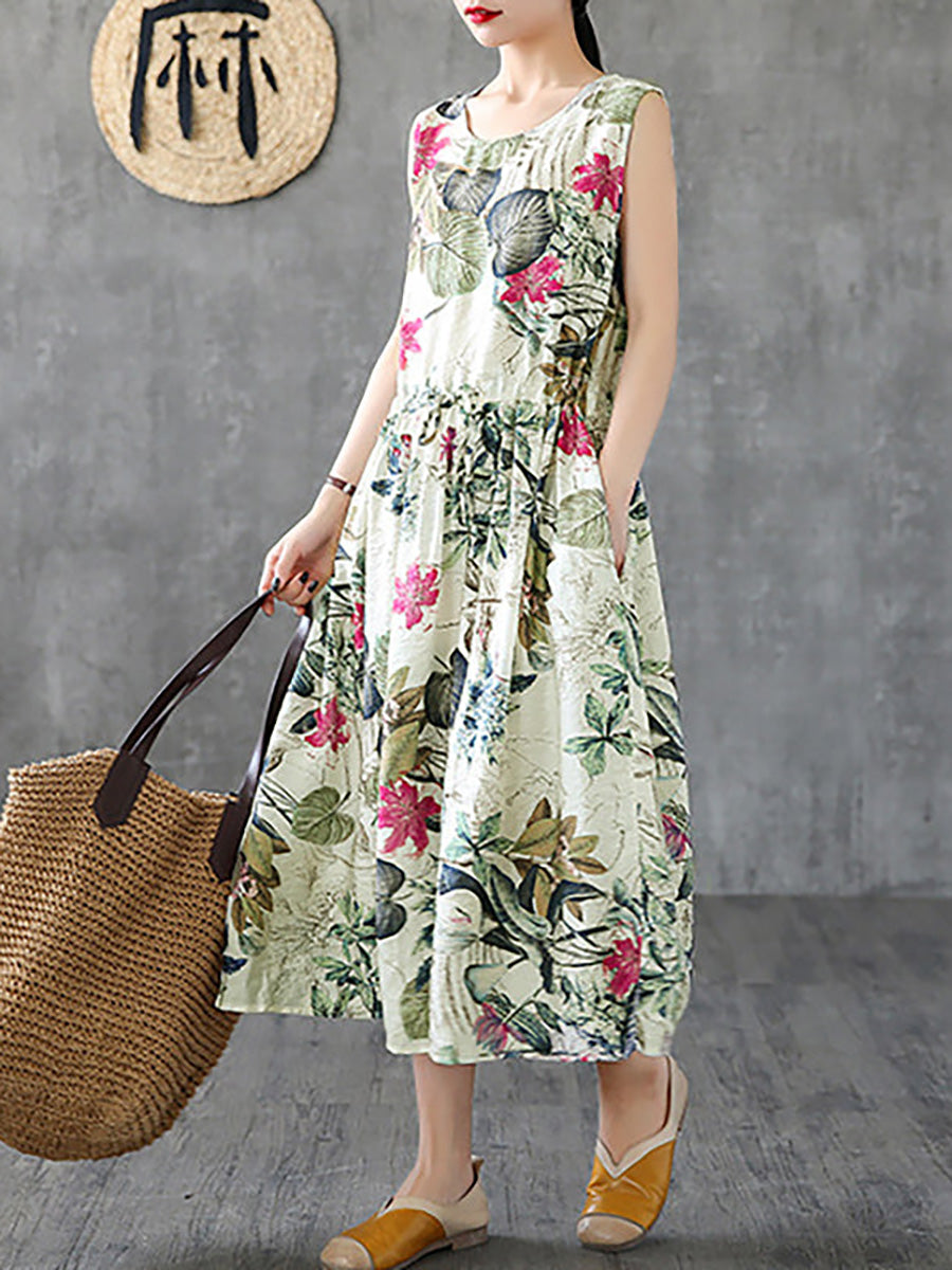 Summer Casual Floral Printed Cotton Dress Sleeveless