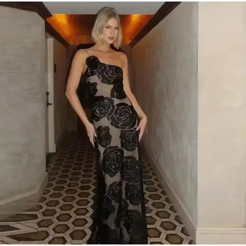 One Shoulder Mesh Maxi Party Dress