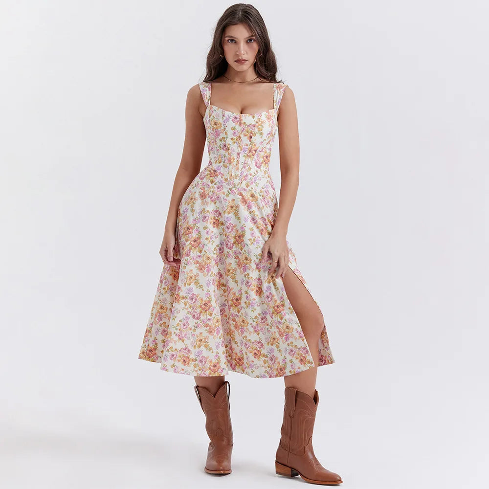 Suninheart Green Floral Vacation Dress ivory print / XS vacationdress-250223