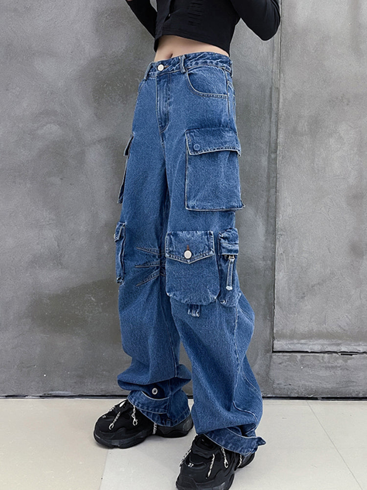 Dark Blue Pockets Wide Leg Jeans