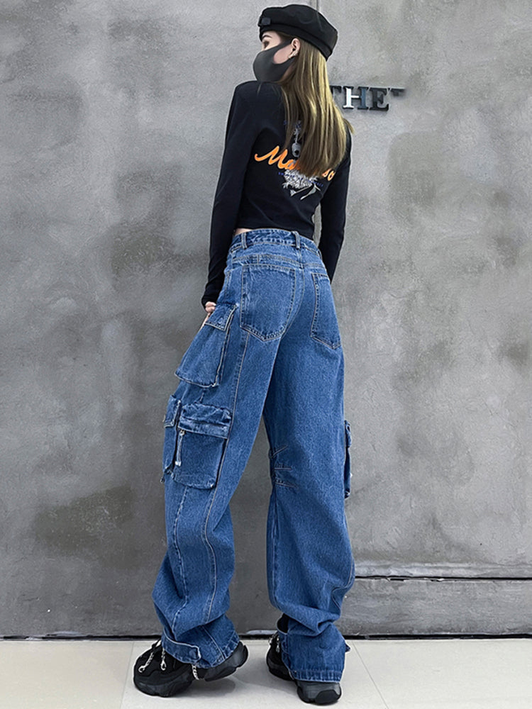 Dark Blue Pockets Wide Leg Jeans