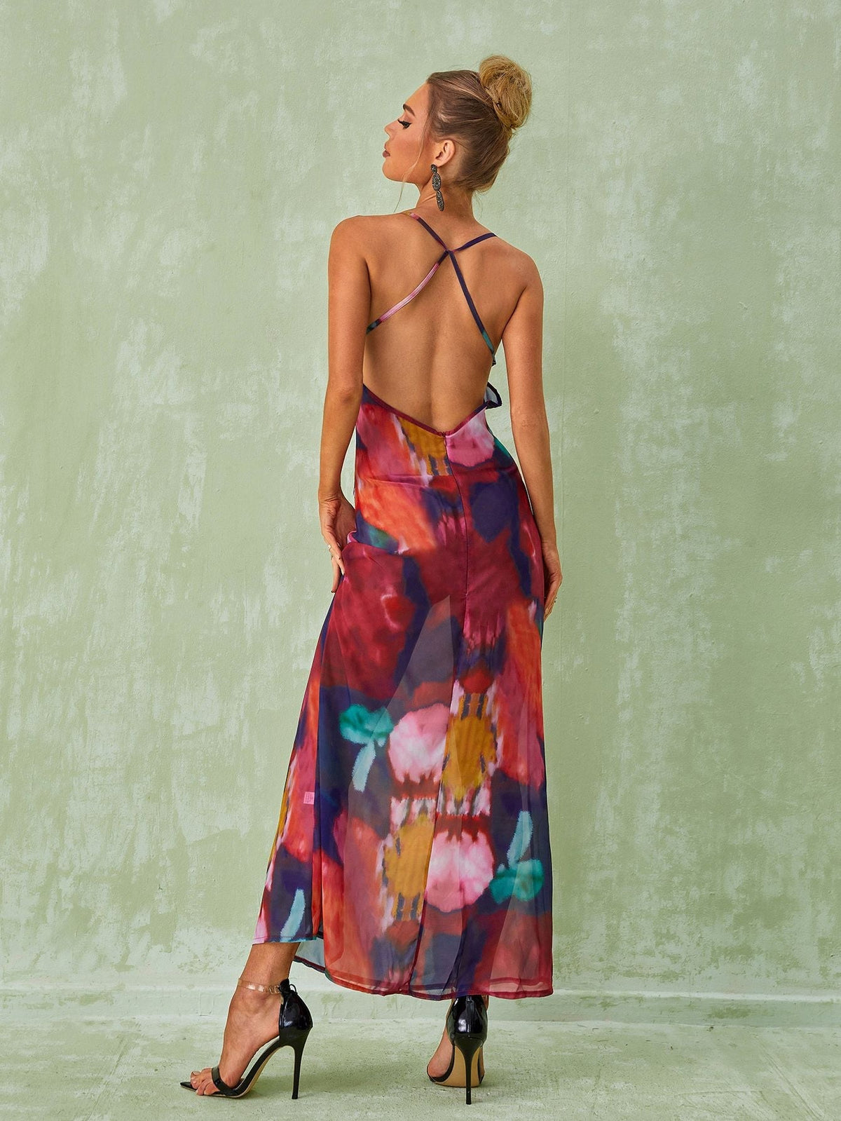 Plunge V-Neck Lace Trim Floral Print Slip Maxi Dress