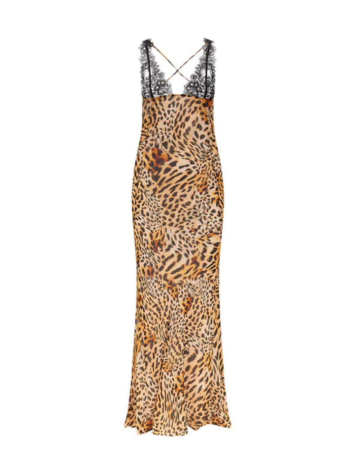 V-Neck Lace Trim Spaghetti Strap Leopard Bodycon Maxi Dress
