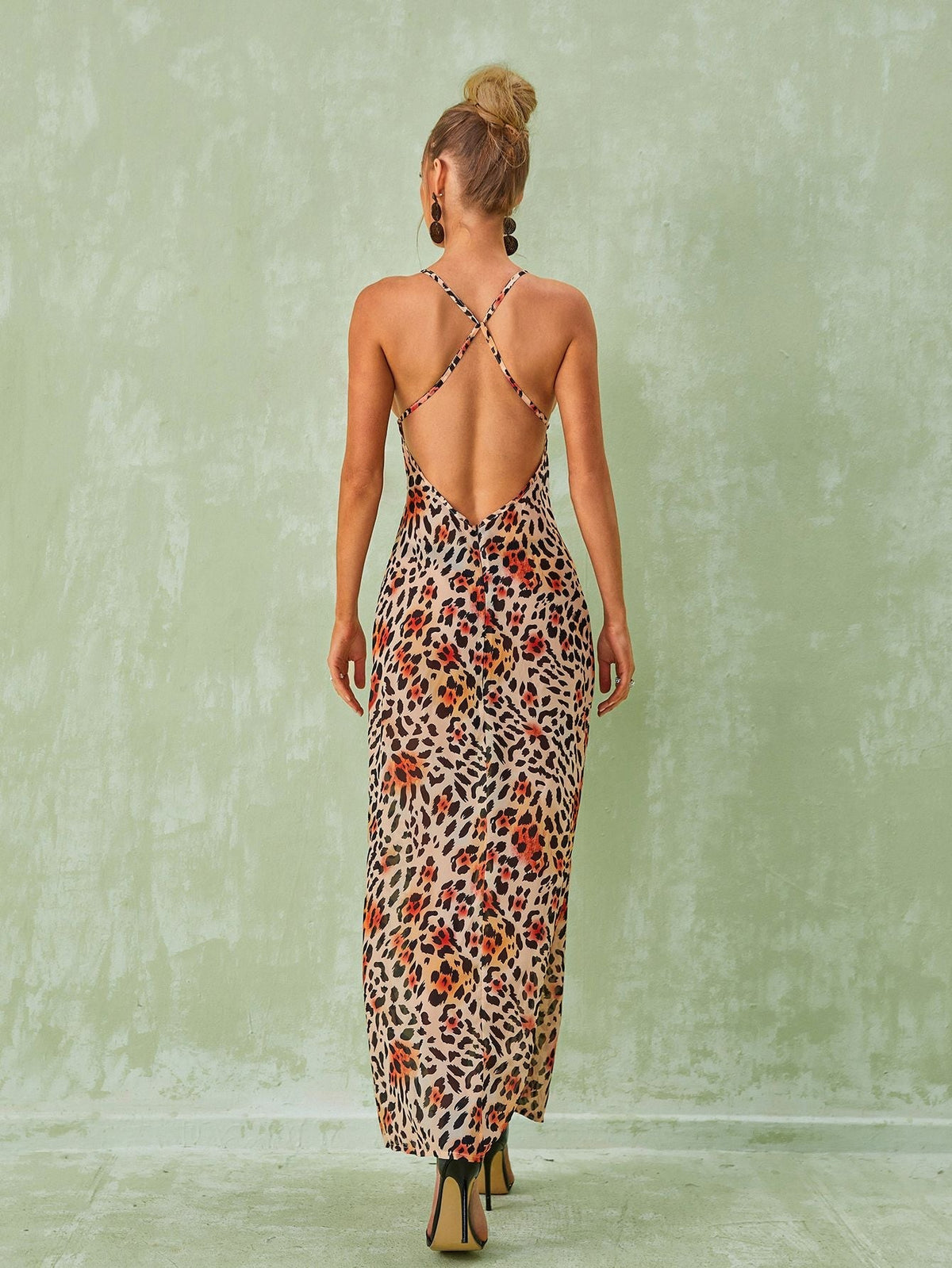 V-Neck Lace Trim Spaghetti Strap Leopard Bodycon Maxi Dress