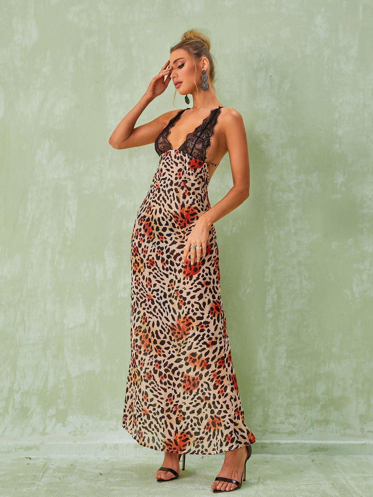 V-Neck Lace Trim Spaghetti Strap Leopard Bodycon Maxi Dress
