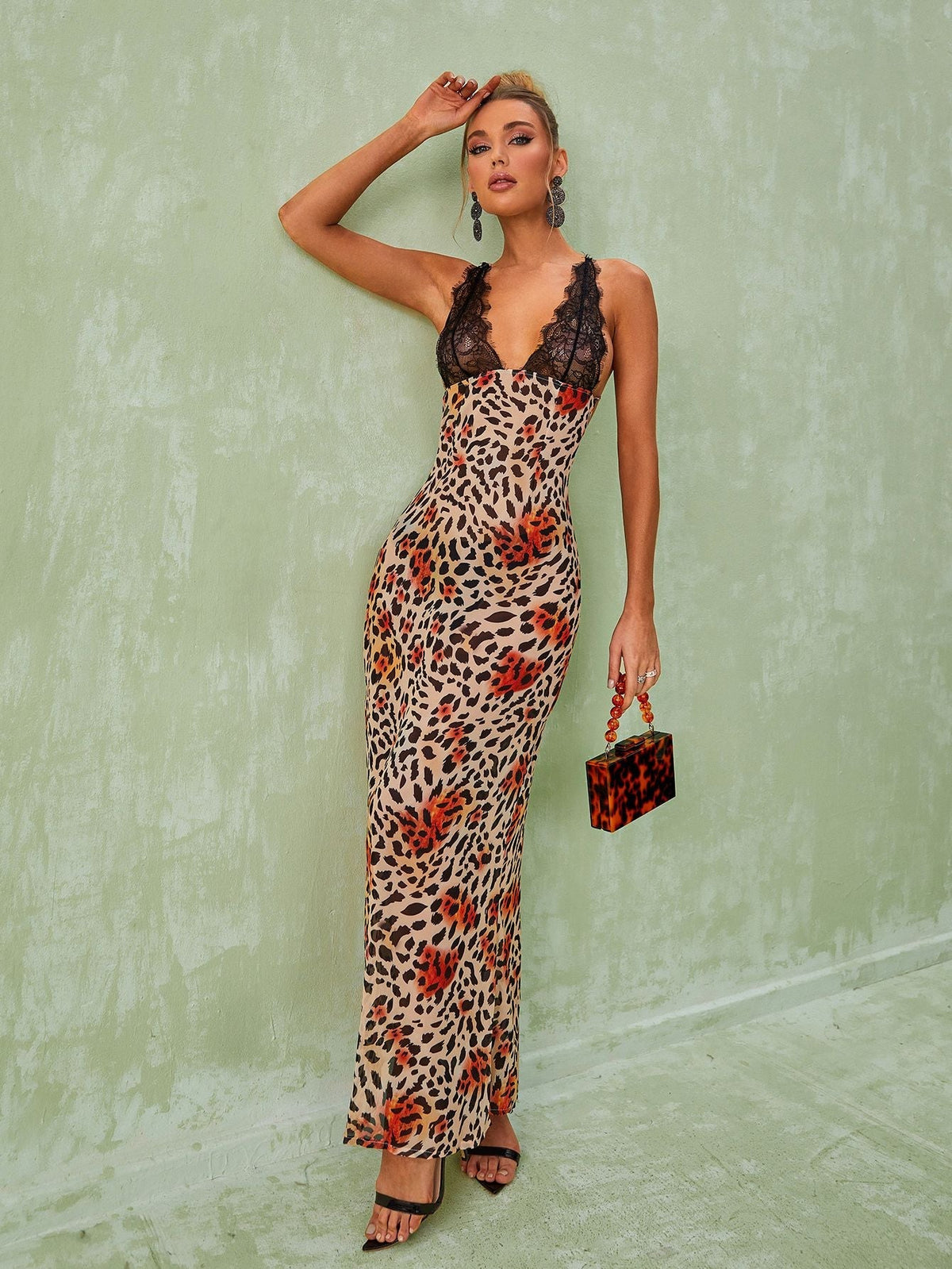 V-Neck Lace Trim Spaghetti Strap Leopard Bodycon Maxi Dress