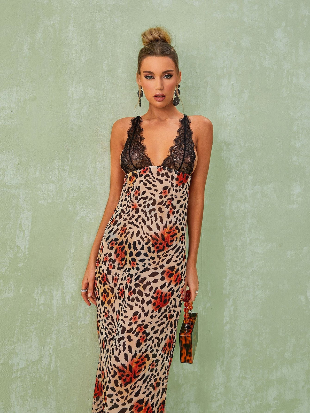 V-Neck Lace Trim Spaghetti Strap Leopard Bodycon Maxi Dress