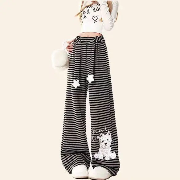 Dog Print Striped Fleece Casual Pants black 1 / S