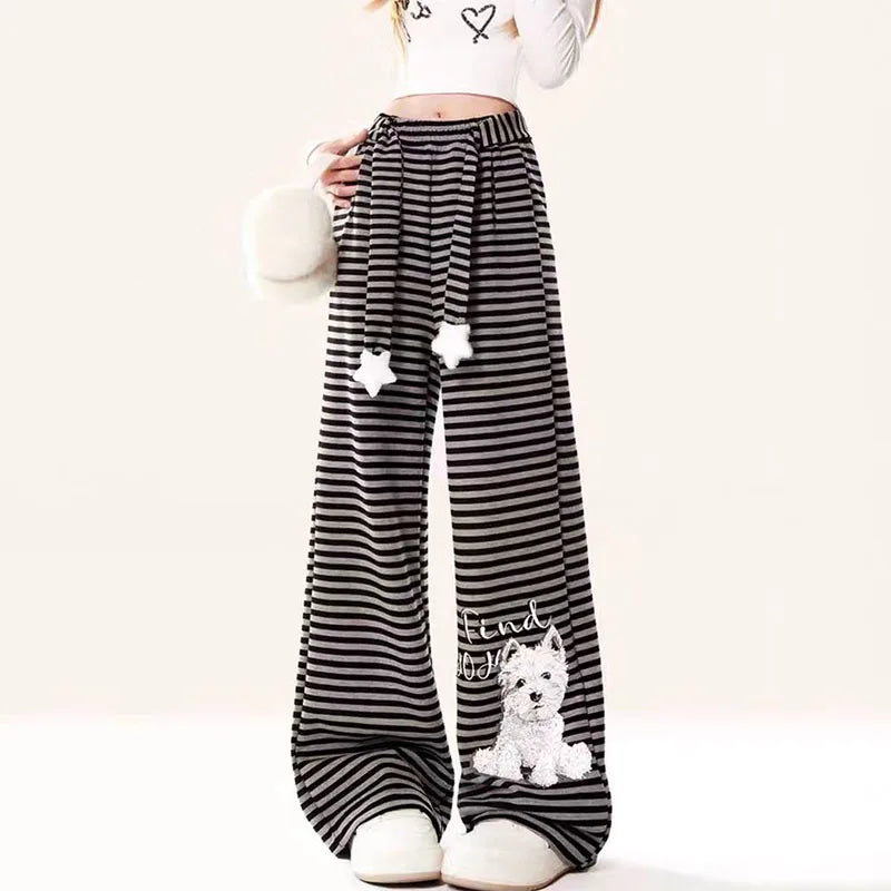 Dog Print Striped Fleece Casual Pants black / S