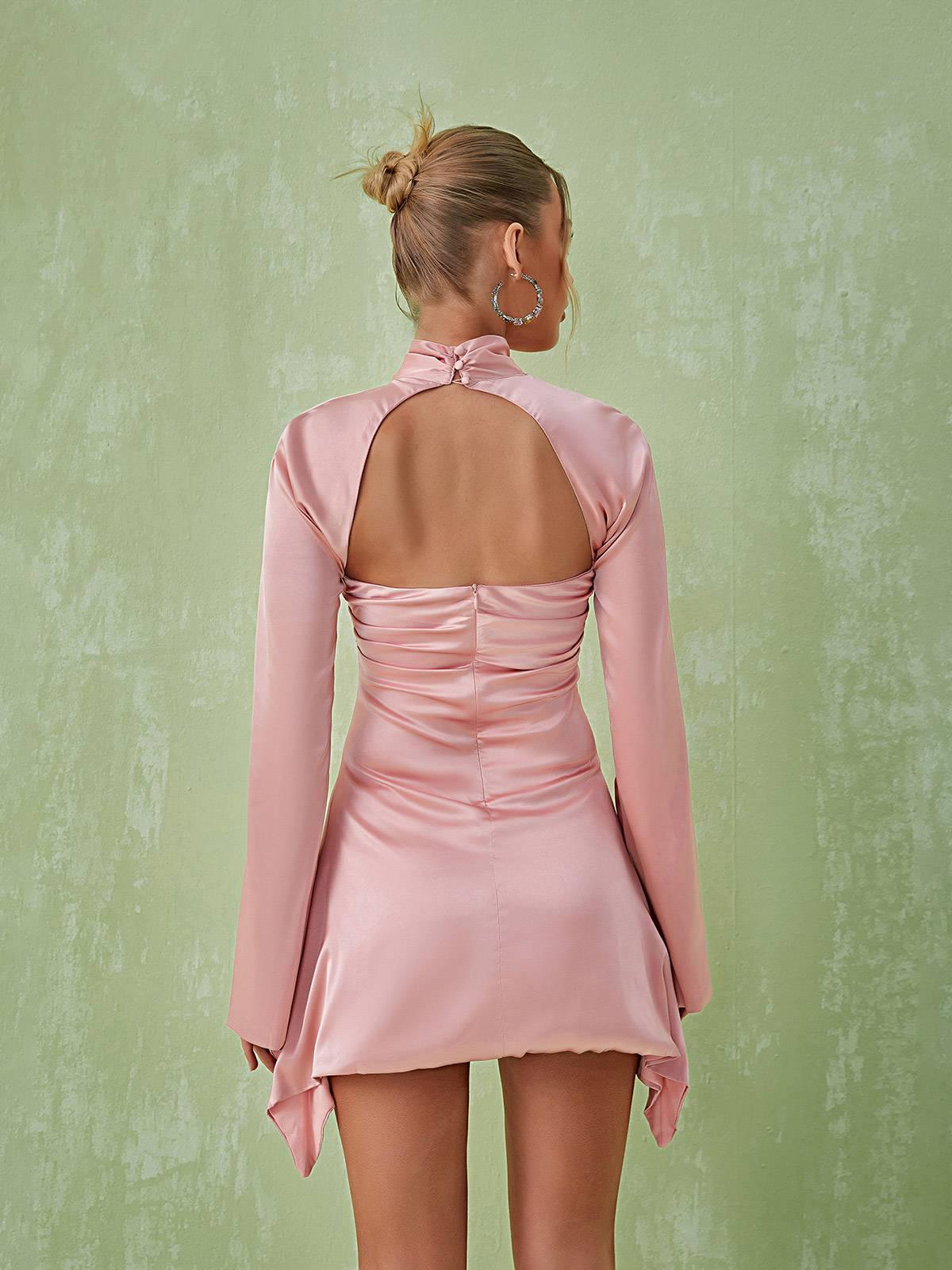High Neck Satin Cutout Flare Sleeve Ruched Bodycon Mini Dress