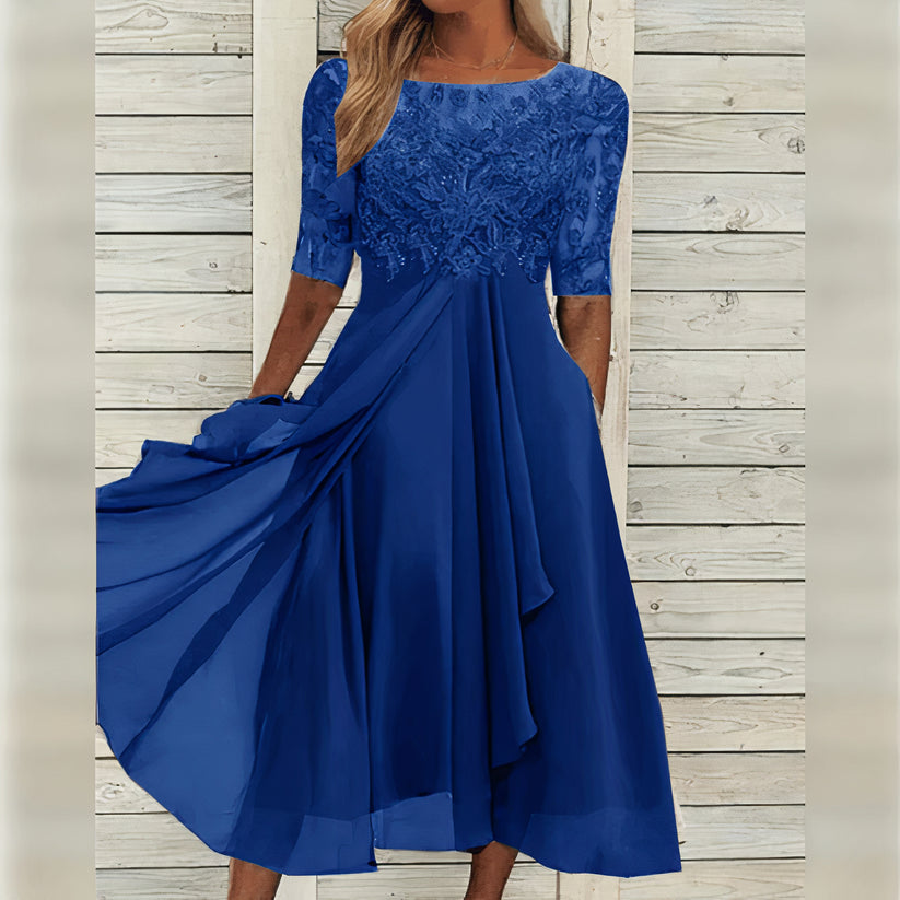 Round Neck Lace Applique Illusion Half Sleeve Chiffon Midi Dress 5