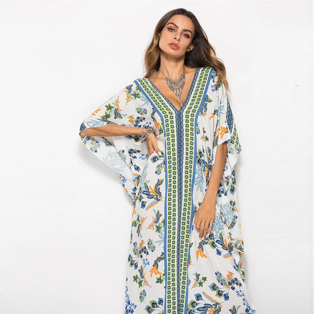 Cotton Rayon Floral Print Maxi Boho Cover up green / One Size bohocoverup-250126