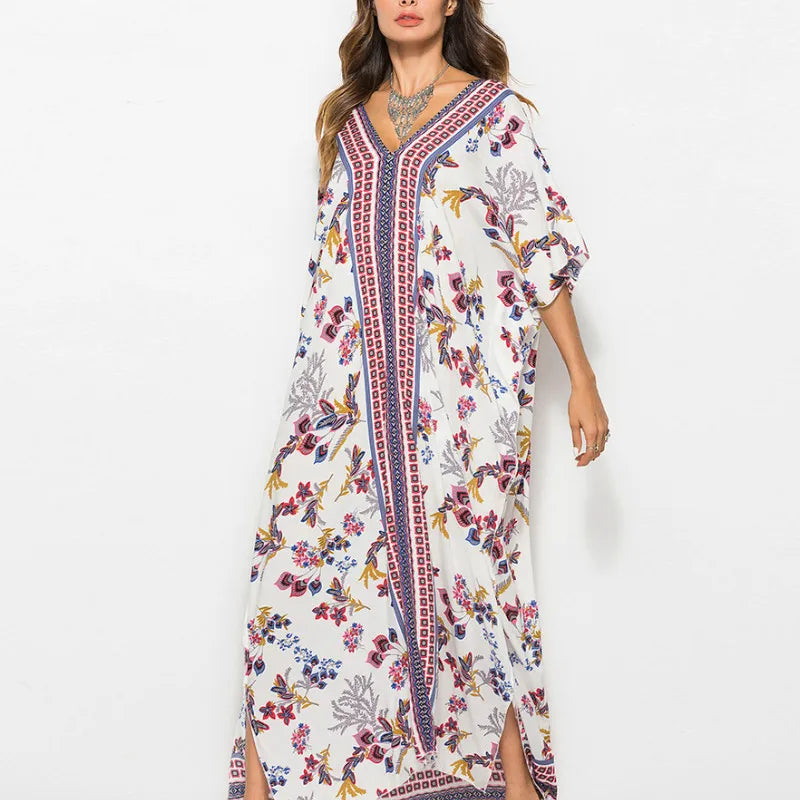 Cotton Rayon Floral Print Maxi Boho Cover up red / One Size bohocoverup-250126