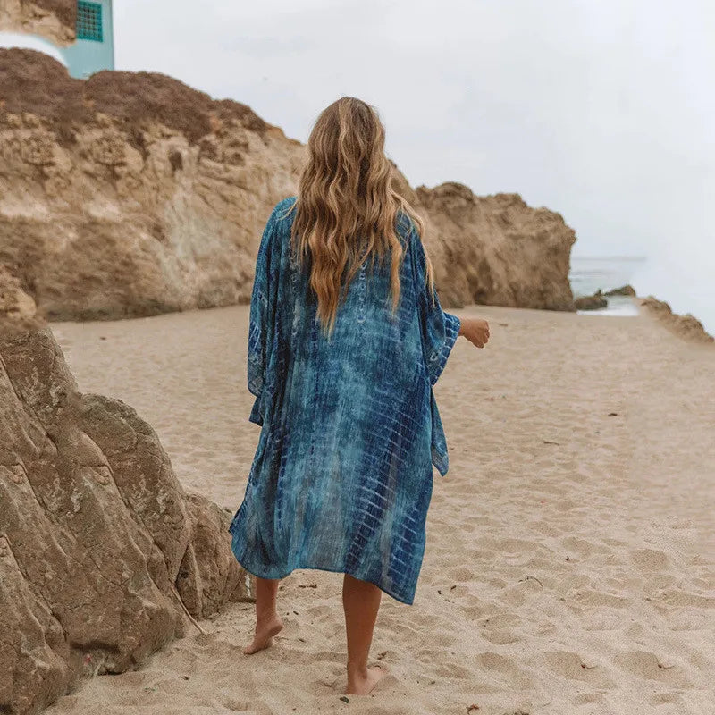Blue Cotton Print Boho Kimono Bikini Cover Up