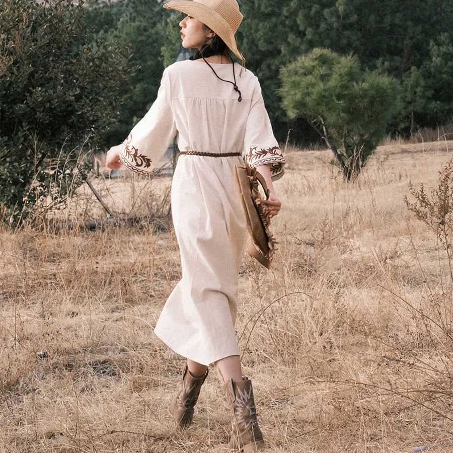 Cotton Linen Floral Boho Dress