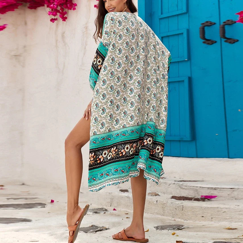 Ethnic Floral Loose Rayon Kaftan Boho Cover up