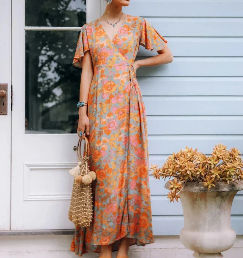 Cotton Orange Floral Boho Dress