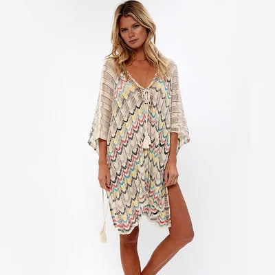 Hollow Deep V-neck Lace Boho Mini Dress Cover up Beige / One Size bohocoverup-250126