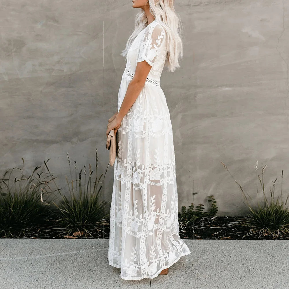 Lace Maxi Dress Vintage White Deep V-neck Summer Dress