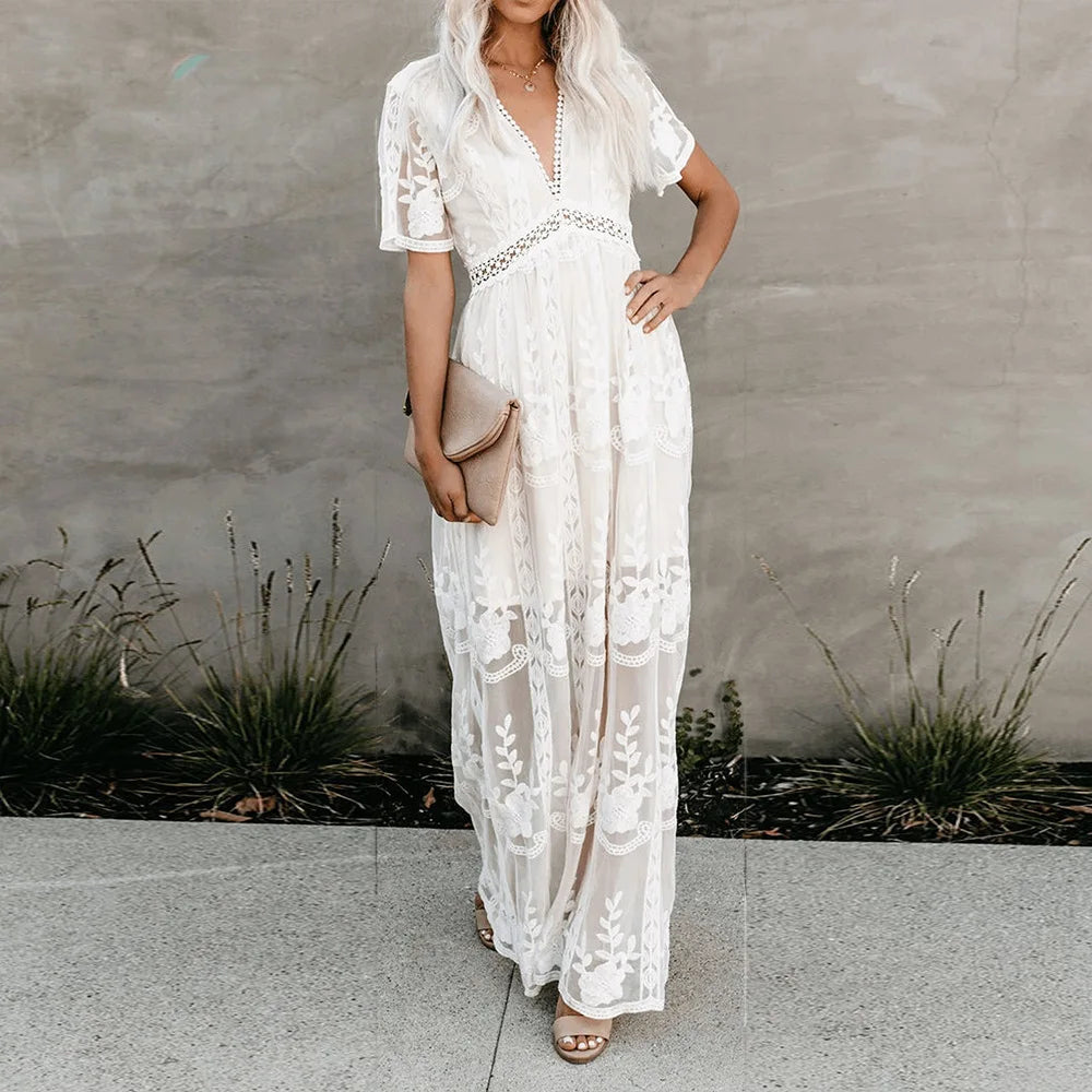 Lace Maxi Dress Vintage White Deep V-neck Summer Dress WHITE / S bohodress-250126