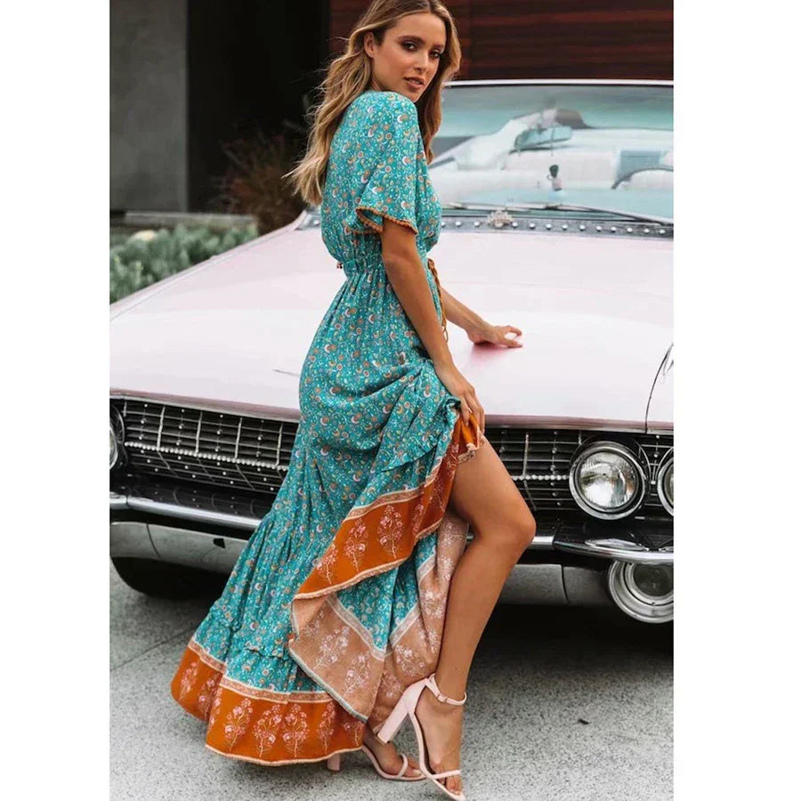 Deep V-neck Floral Boho Summer Dress