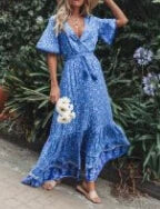 Deep V-neck Floral Boho Summer Dress Blue / S bohodress-250126