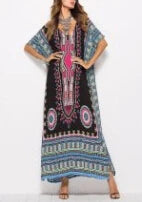 Maxi Kaftan Dress Rayon Ethnic Floral Print Beach Sundress Black / One Size bohodress-250126