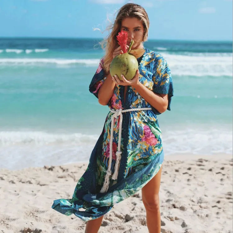 Sexy Side Split Beach Kaftan Tunic Boho Floral Print Summer Dress