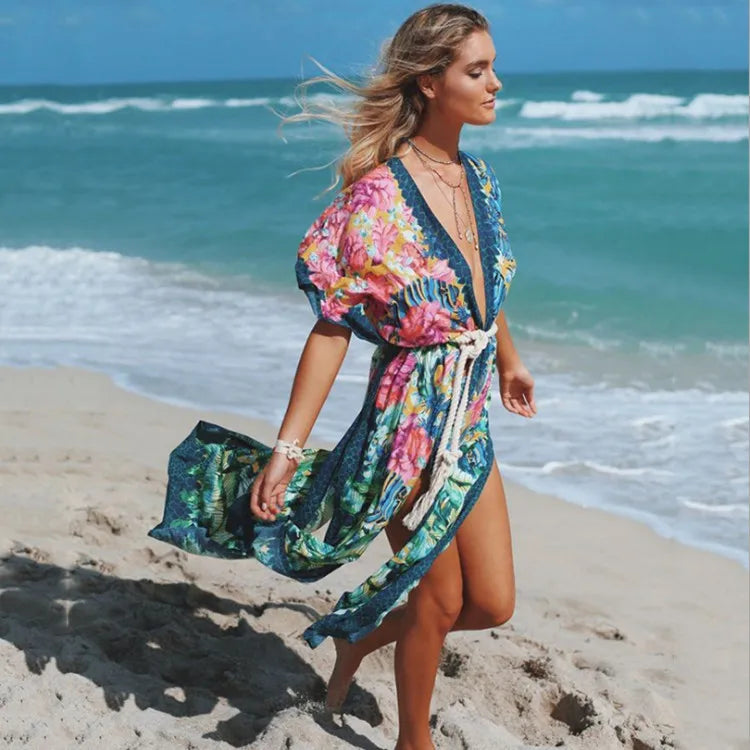 Sexy Side Split Beach Kaftan Tunic Boho Floral Print Summer Dress