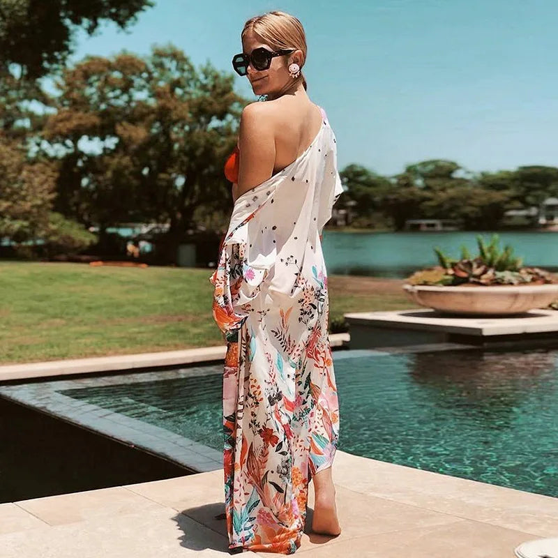 White Floral Print Loose Kimono Beach Cover up