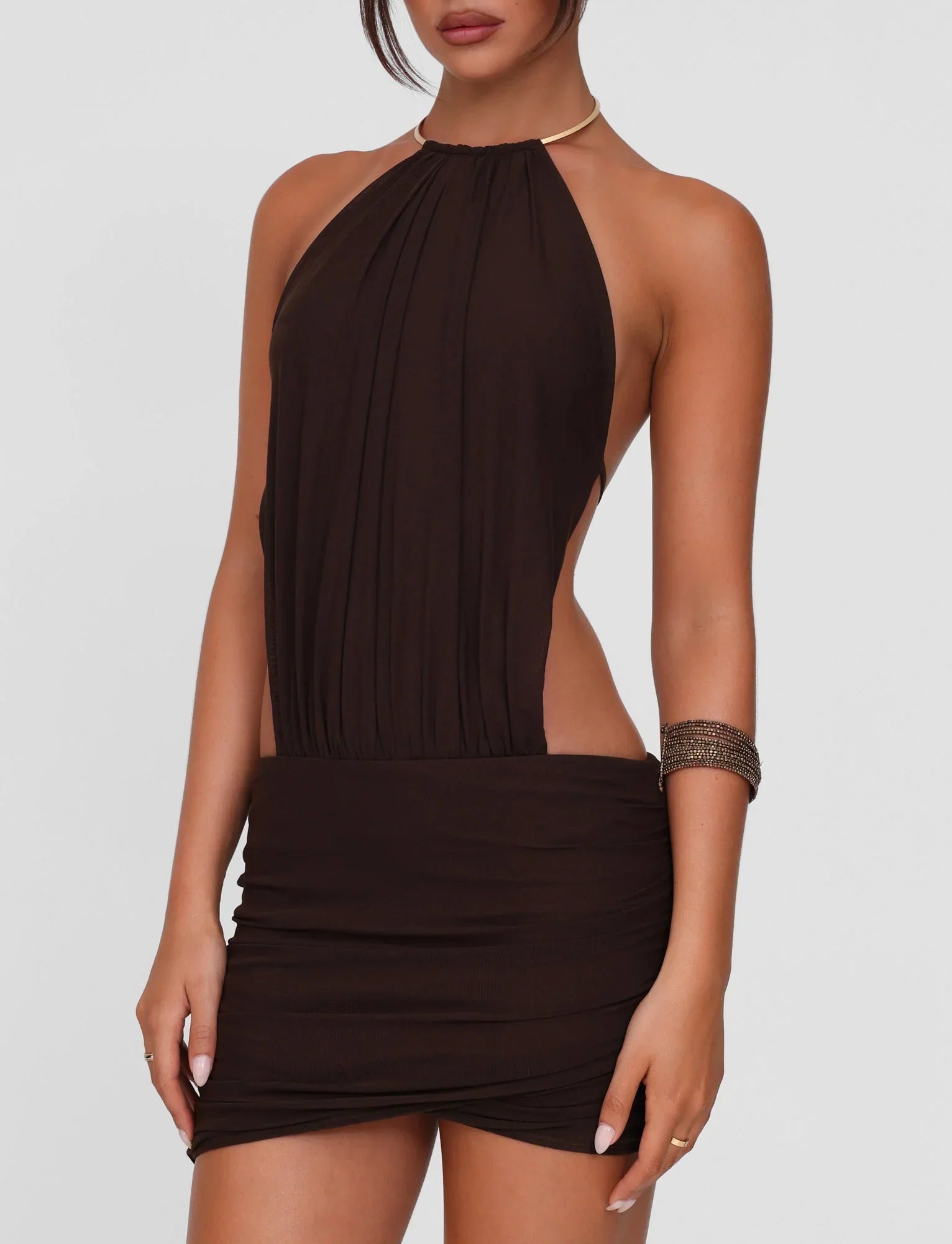 Halter Backless Ruched Mini Dress