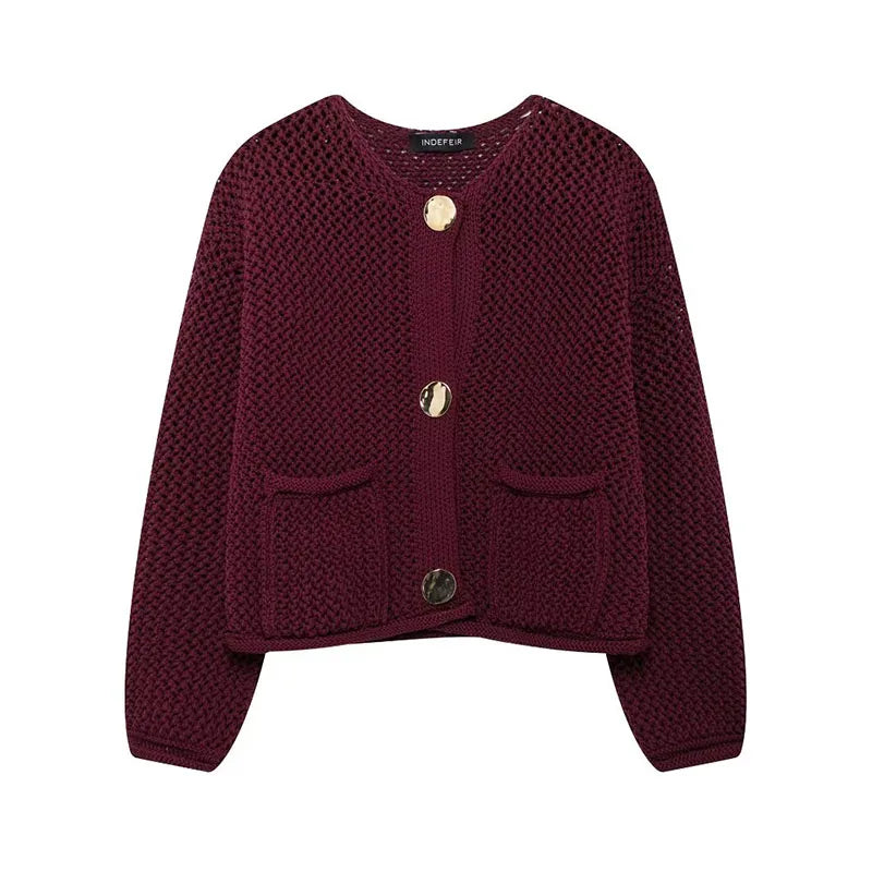 Vintage Stylish Cozy Cropped Wine Red Knitted Button Pocket Christmas Sweater Wine Red / S