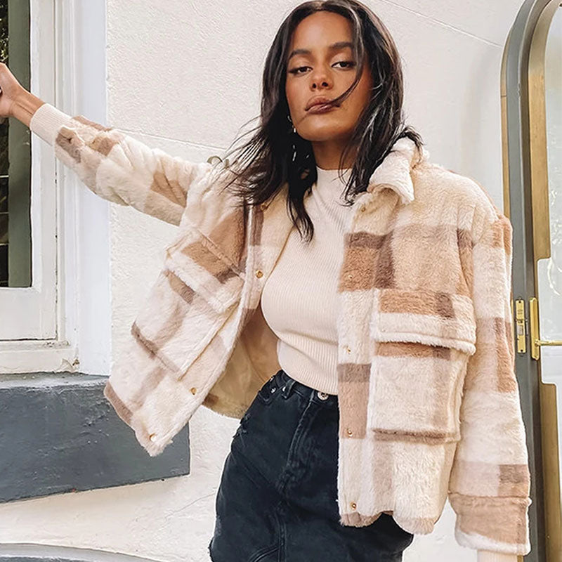 Brown Plaid Button Up Flap Pocket Long Sleeve Teddy Jacket