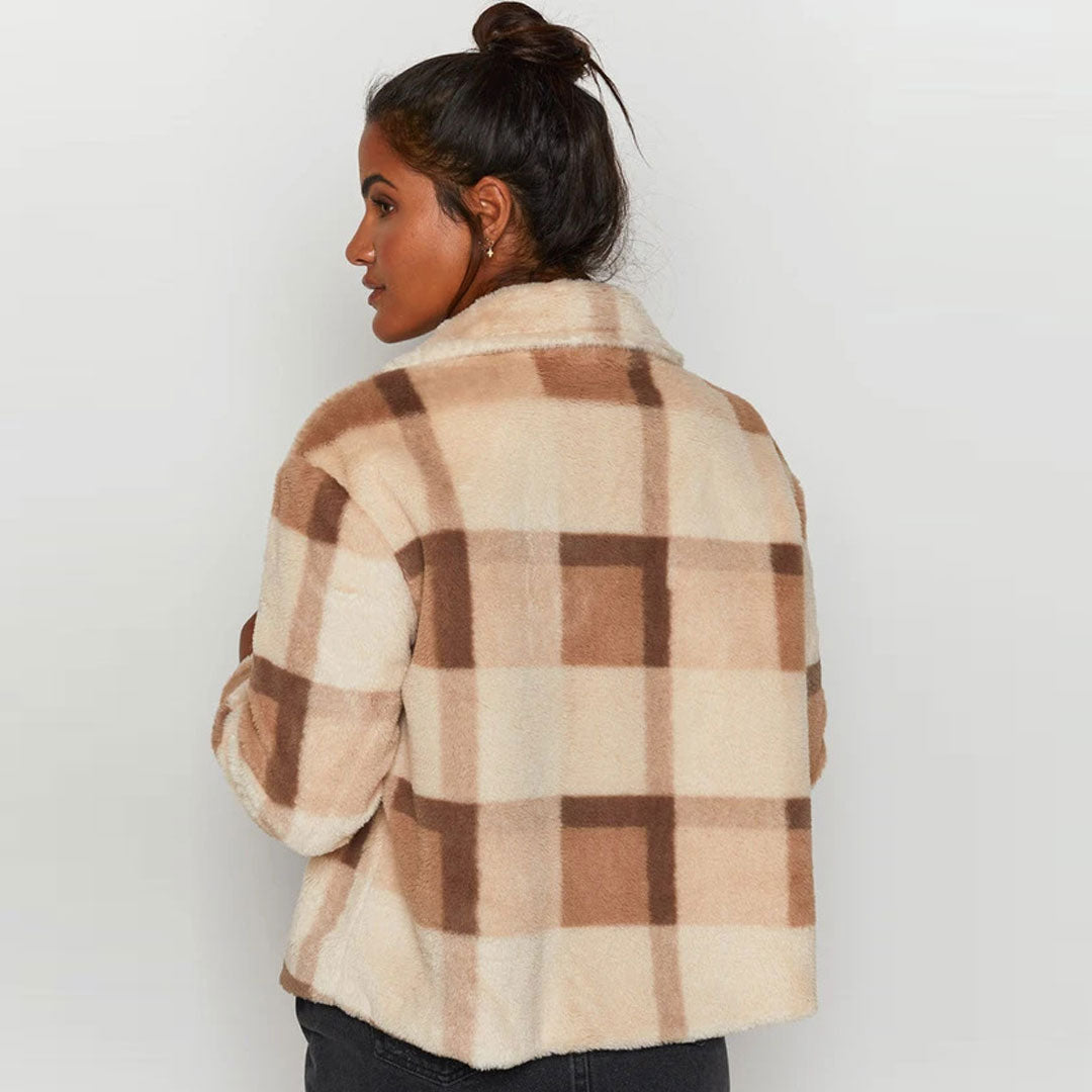 Brown Plaid Button Up Flap Pocket Long Sleeve Teddy Jacket