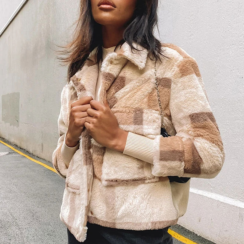 Brown Plaid Button Up Flap Pocket Long Sleeve Teddy Jacket