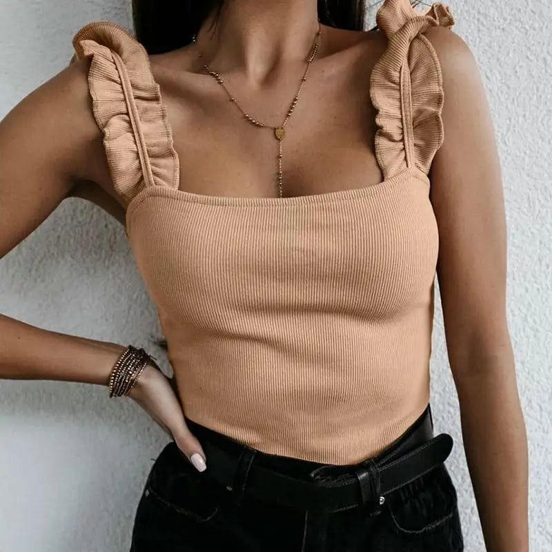 Women Collar Solid Knit Casual Basic Summer Ribbed Slim Ruffless Tank Top Khaki / S