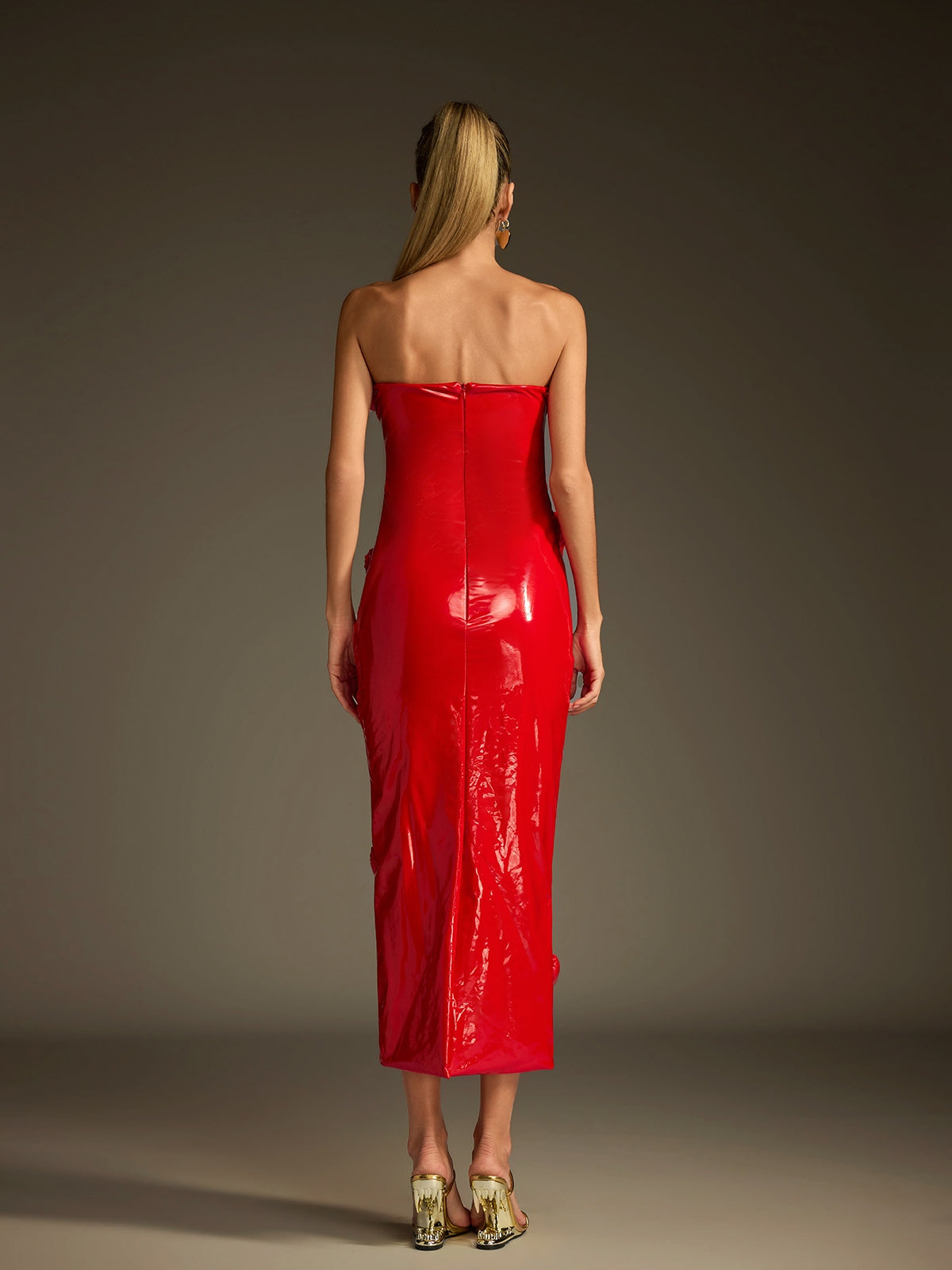 Strapless Heart Leather Midi Dress