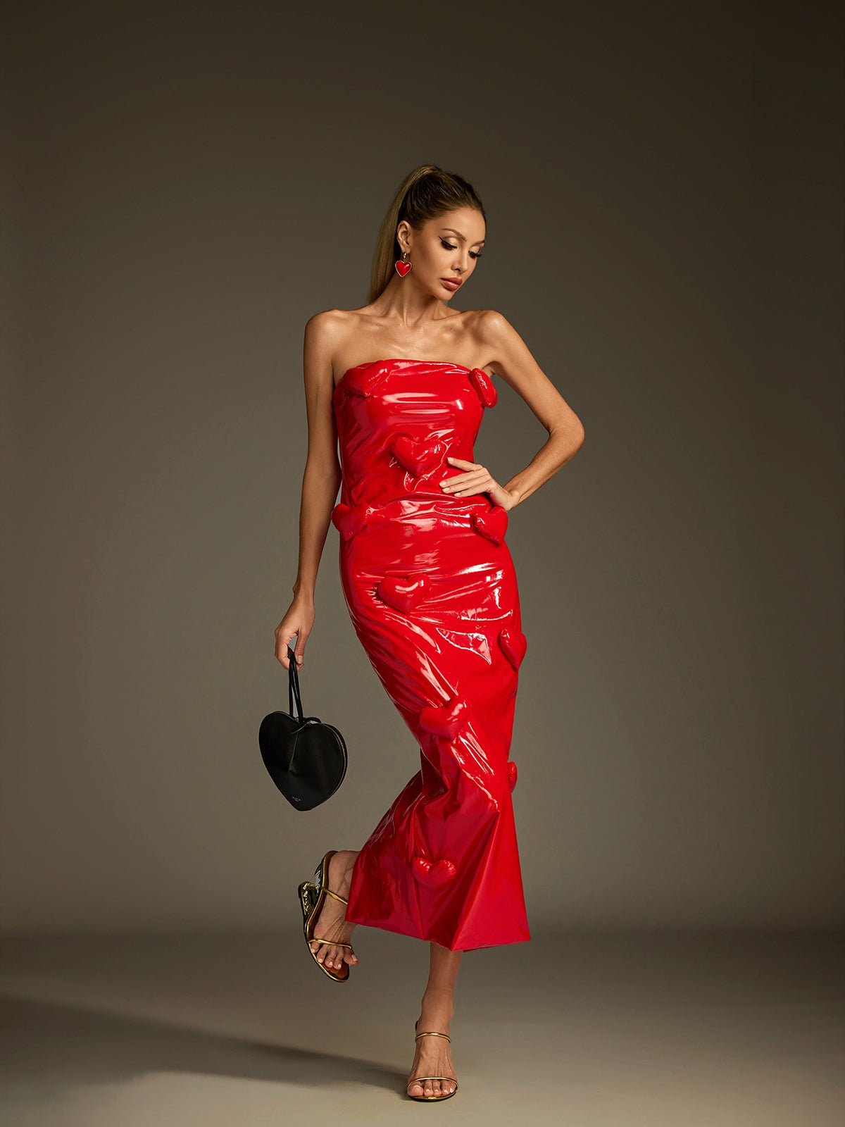 Strapless Heart Leather Midi Dress