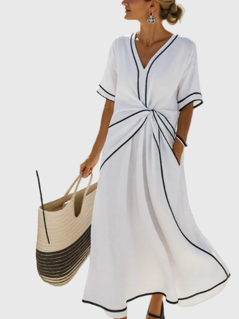 V-Neck Contrast Trim Twist Front Short Sleeve A-Line Maxi Dress