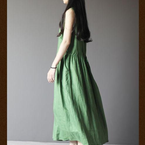 Tea Green Retro Linen Sundress Plus Size Summer Maxi Dress