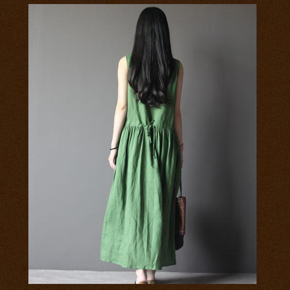 Tea Green Retro Linen Sundress Plus Size Summer Maxi Dress