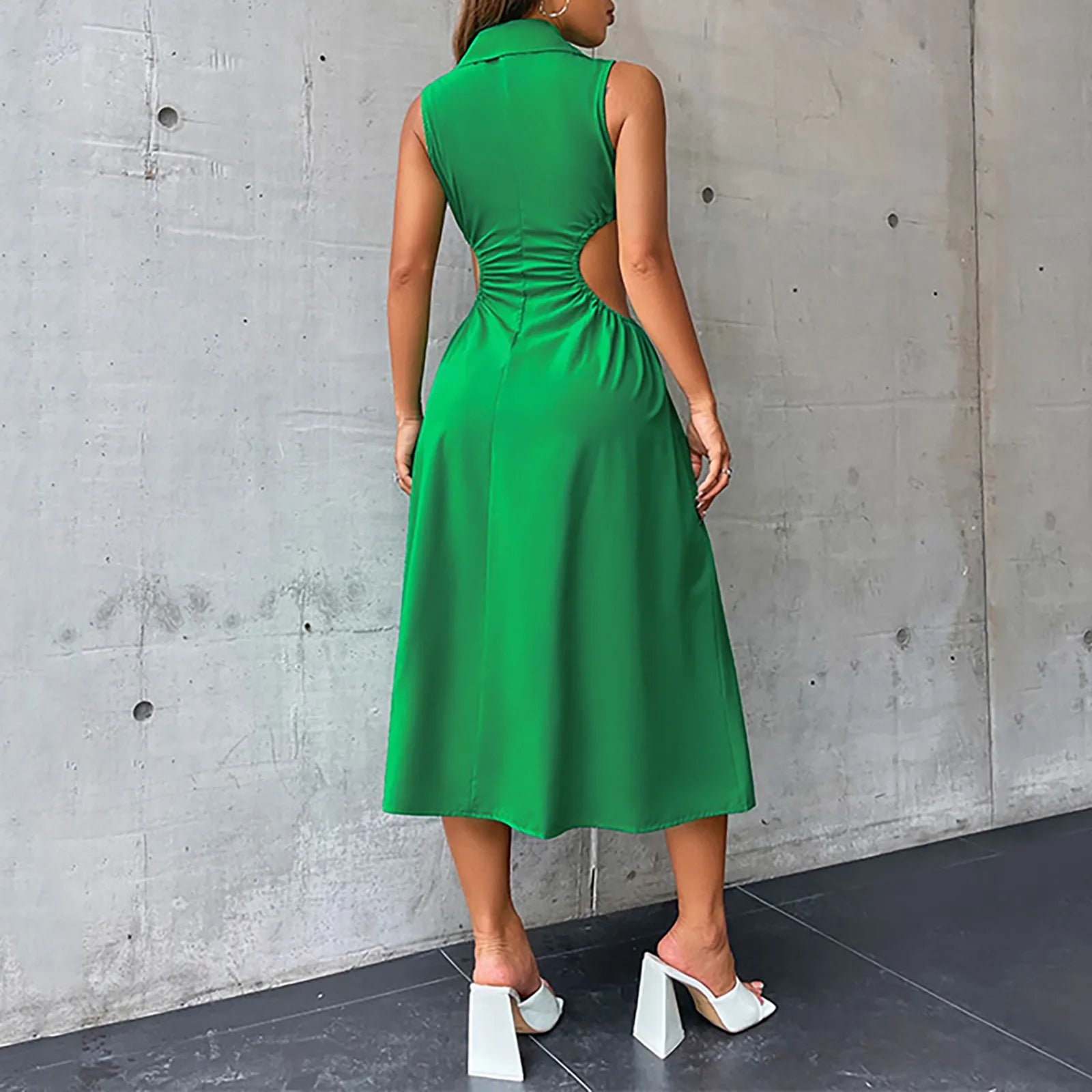 Tempting Sexy Cut Out ALine TurnDown Collar Sleeveless High Waist Slim Midi Dress
