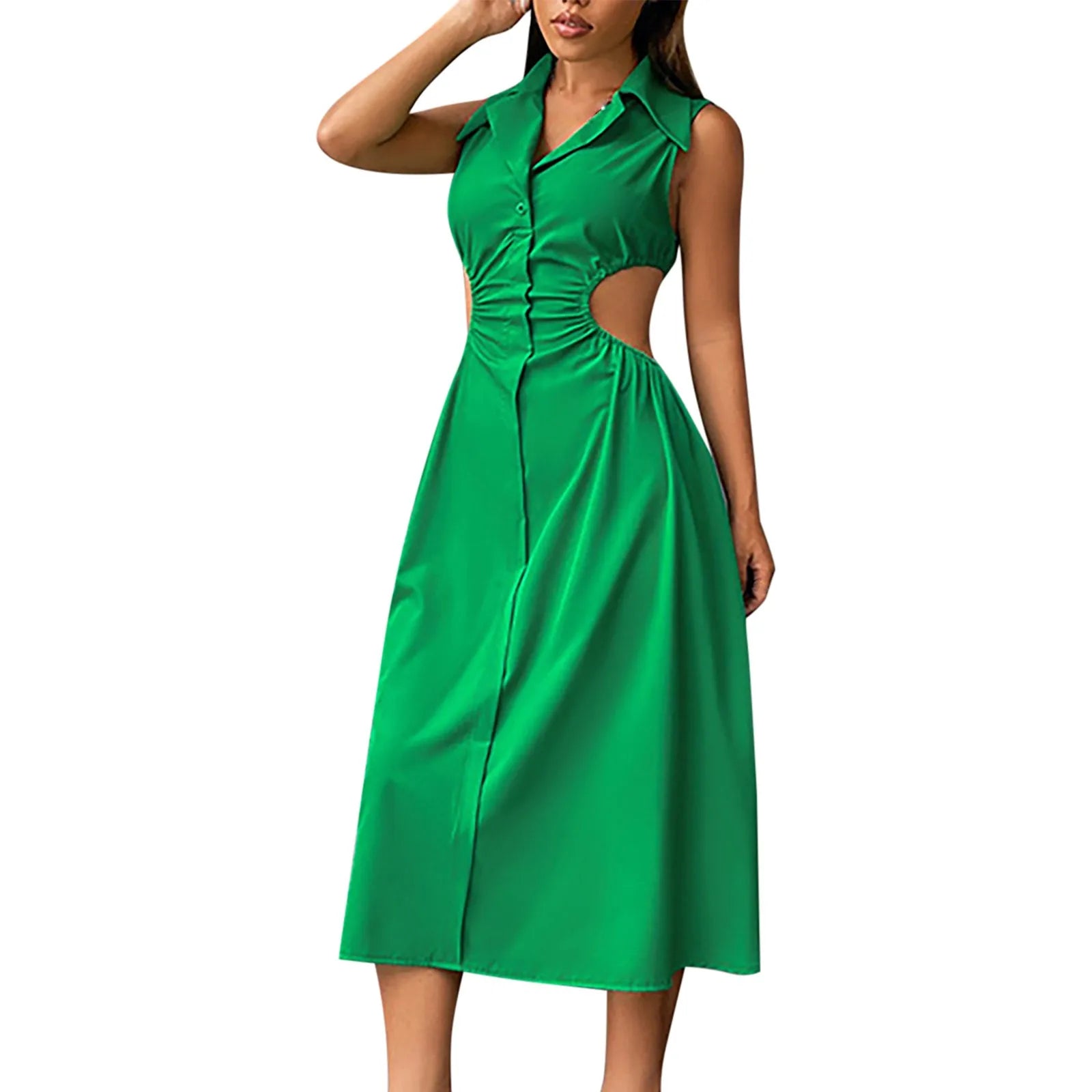 Tempting Sexy Cut Out ALine TurnDown Collar Sleeveless High Waist Slim Midi Dress