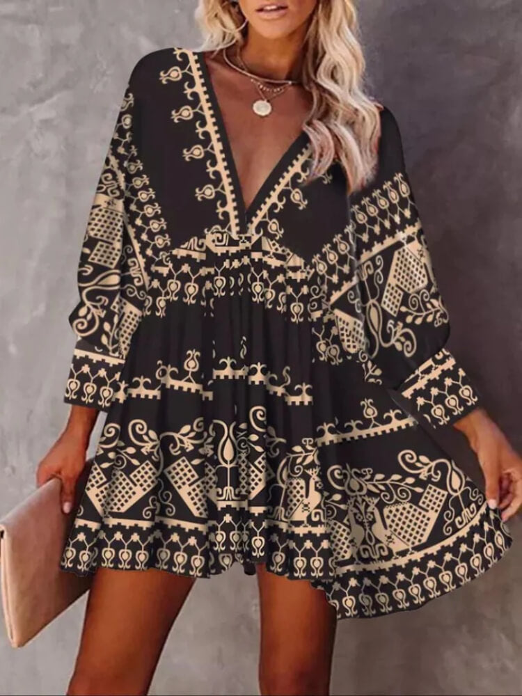 Temperament Print V-Neck Short Dress