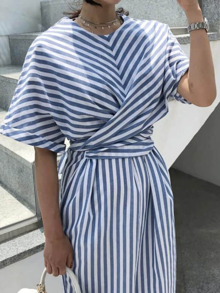 Temperament Striped Short Sleeve Midi Dress